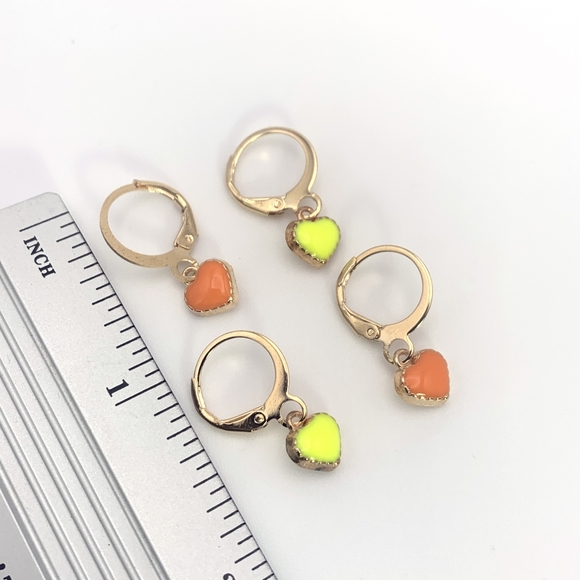 2 Pairs! Orange and Yellow Enamel Heart Earrings - Picture 4 of 4